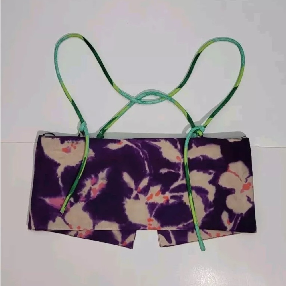 ZARA BLOGGERS FAV FLORAL LINEN BLEND TIE DYE CROP TOP Sz XS Purple Green…